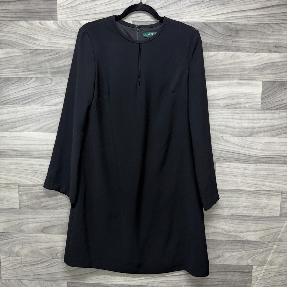 Lauren Ralph Lauren Shift Dress Womens 8 Black Long Sleeve Keyhole Neck Back Zip